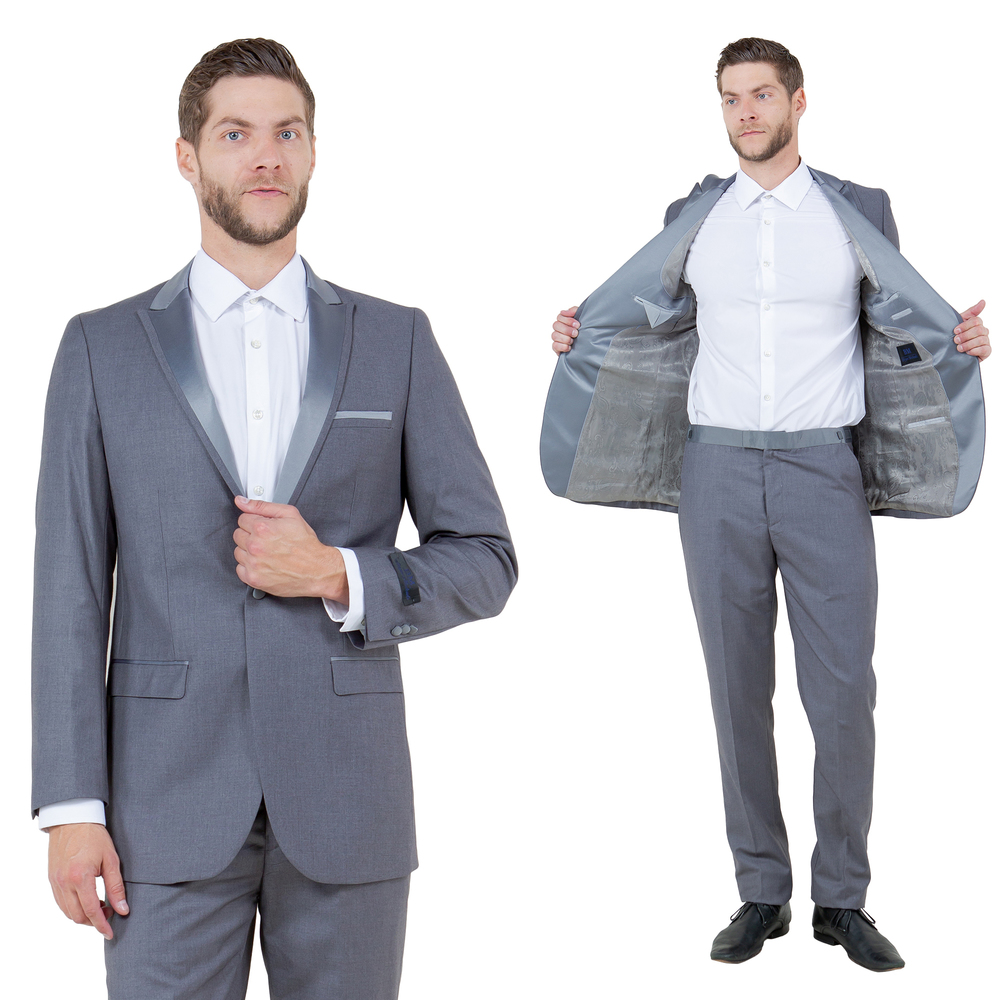 Slim Fit 2pc Tuxedo w/ Satin Peak Lapel by Bryan Michaels, Grey